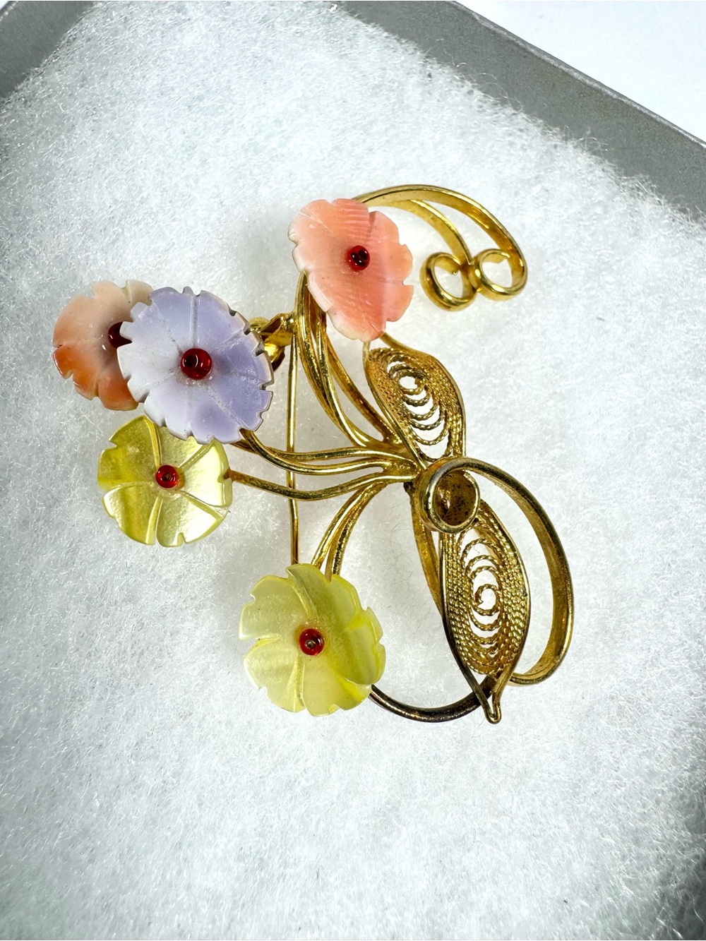 Vintage Carved Shell Flower Brooch, Pastel Mother of Pearl Gold Filigree Floral